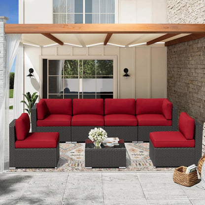 7-Piece Outdoor Patio Furniture Black Rattan Wicker Sectional Sofa Conversation Set with Glass Top Table and Cushions (Red)1