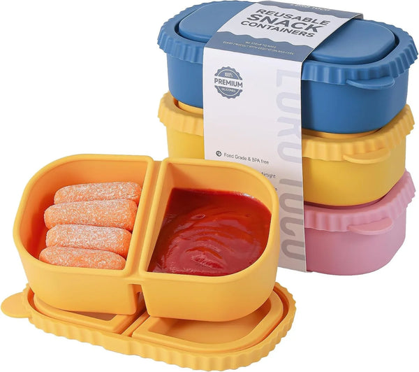 3 Pack Silicone Reusable Snack Containers with Lids - 8 Oz Double Compartment Snackle Box for Kids & Adults, Bpa-Free & Leakproof, Small for Dressing, Snacks, School, Office, Picnic1
