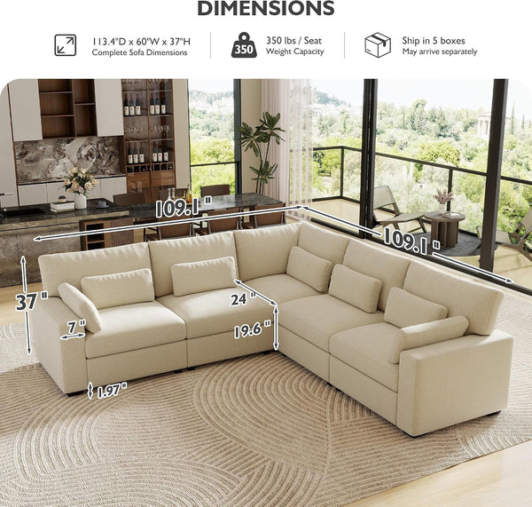 109.1"" Modular Sectional Sofa, L Shaped Cloud Couch with Extra Deep Seat, Comfortable Chenille Couch with Lumbar Pillows, Oversized Modern Sectional Couches for Living Room (Beige)2