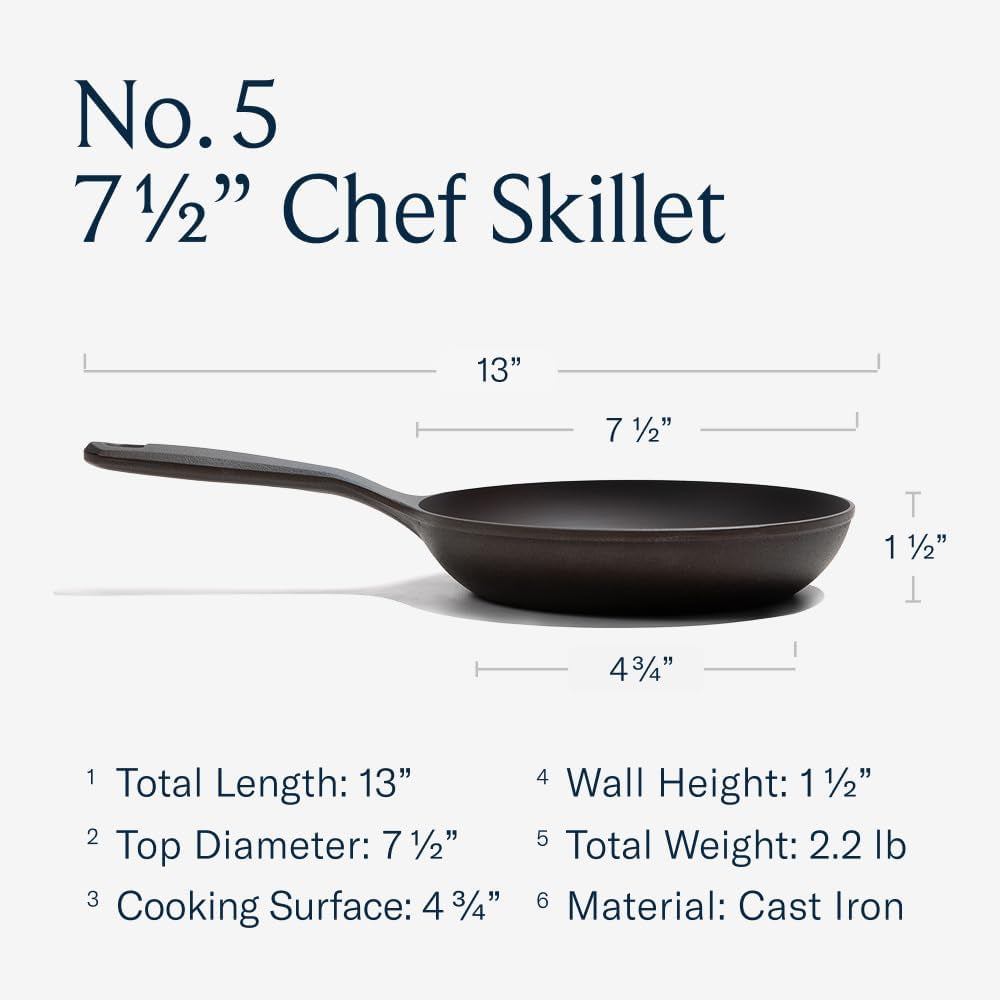 no-5-cast-iron-chef-skillet-7-5-inch-curved-wall-egg-pan-pre-seasoned-for-1-2-servings-lighter-smooth-made-in-usa