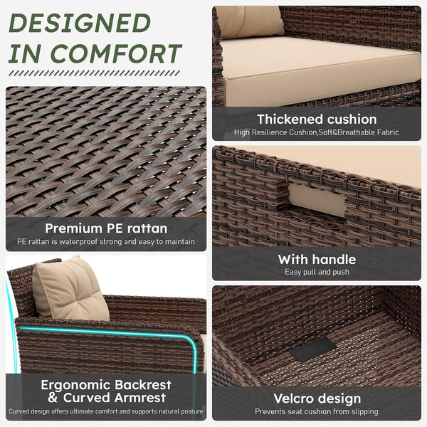 5 Piece Patio Furniture Set, PE Wicker Outdoor Furniture Set with Soft Cushions & Coffee Table, Outdoor Lounge Chairs with Ottoman for Porch, Lawn, Balcony, Khaki-Beige5