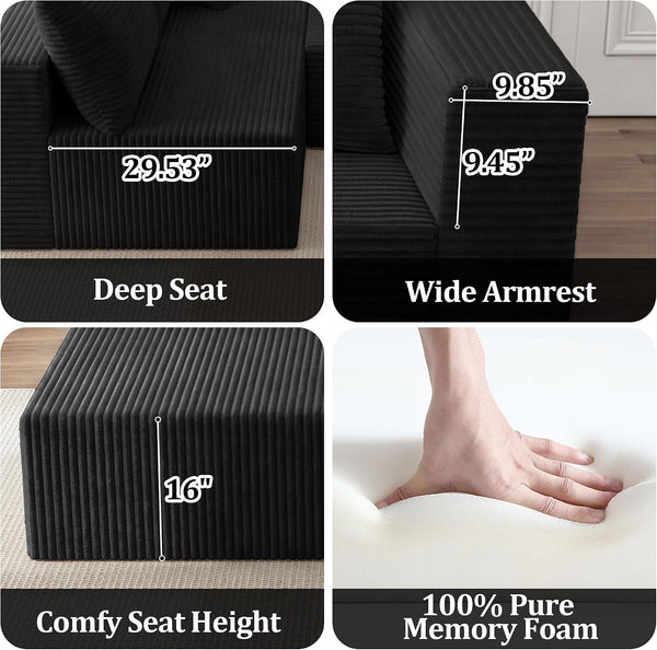 92.5" Boneless Modular Sectional Sofa L-Shaped Cloud Couch Deep Seat with Chaise Corduroy Small Modern Couches Furniture Set for Living Room&Apartment- Black(Right Facing Chaise)5