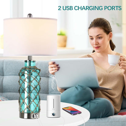 Cottage Nautical Accent Table Lamp Set of 2, Touch Control Coastal Blue Green Glass Rope Net Bedside Lamp with 2 USB Ports, 3-Way Dimmable Nightstand Lamps with White Shade for Living Room, Bedroom4