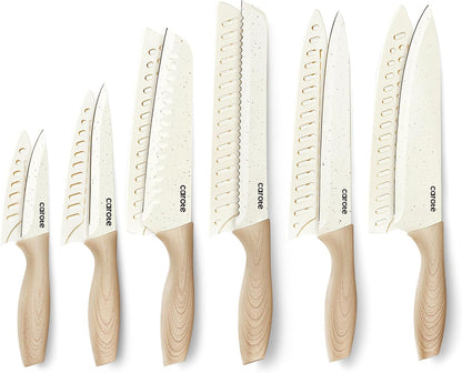 12-Piece Knife Set, Knives with Wood-Grain Finish Handles, White | 6 Blade Guards, Stainless Steel Blades, Ceramic Nonstick Coating, Long-Lasting Sharpness, Rust-Resistant, Camping, RV1