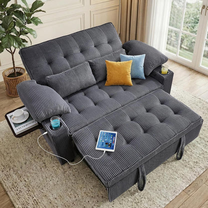 58In Sleeper Sofa Bed, Convertible Pull Out Couch Bed Full Size Corduroy Fabric Loveseat for Living Room, Apartment, Office(Darkgrey)1