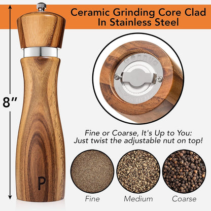 Wooden Salt and Pepper Grinder Set: Refillable Salt & Pepper Mills Adjust for Customized Coarseness, Crafted of Solid Acacia Wood with Ceramic/Stainless Steel Core, 8 Inches Each5