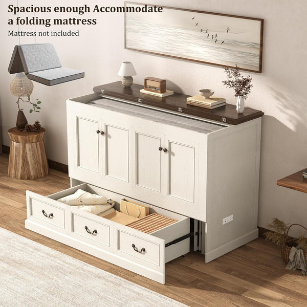 Full Murphy Bed with Storage Drawers, Farmhouse Folding Bed Chest with Charging Station, Hideaway Beds with Foldable Panel for Guest Bedroom, Living Room, Office, Distressed White3