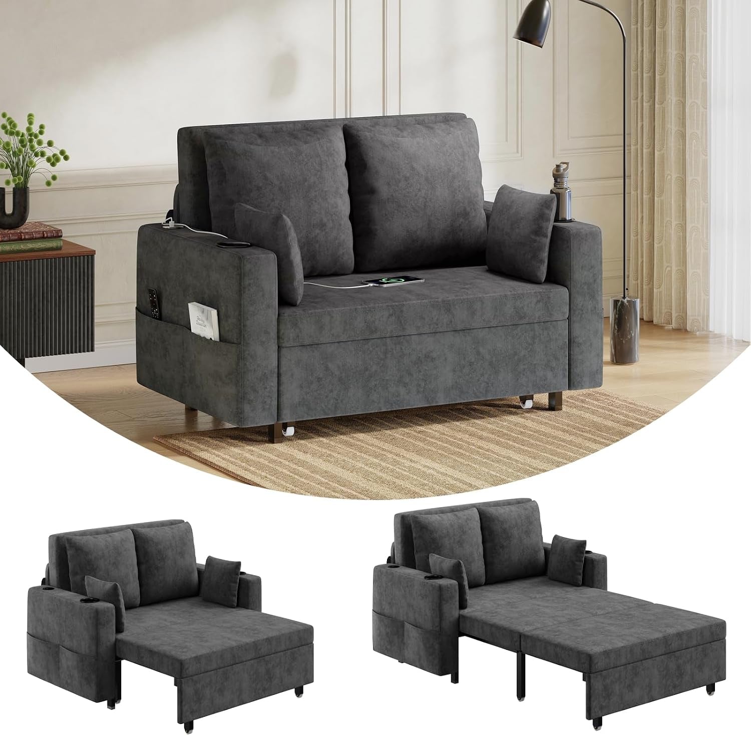 3-in-1-pull-out-couch-56-inch-convertible-sleeper-sofa-bed-loveseat-sofa-couch-with-cup-holders-usb-side-pocket-modern-loveseat-for-living-room-bedroom-includes-toss-pillows-gray