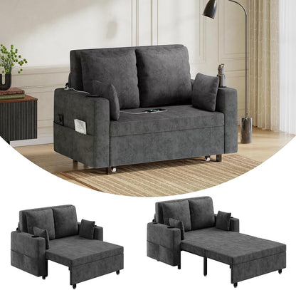 3 in 1 Pull Out Couch, 56 Inch Convertible Sleeper Sofa Bed, Loveseat Sofa Couch with Cup Holders, USB & Side Pocket, Modern Loveseat for Living Room, Bedroom, Includes Toss Pillows, Gray8
