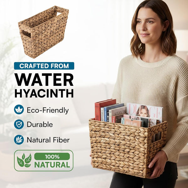 Woven Water Hyacinth Wicker Storage Basket, Magazine, Natural3