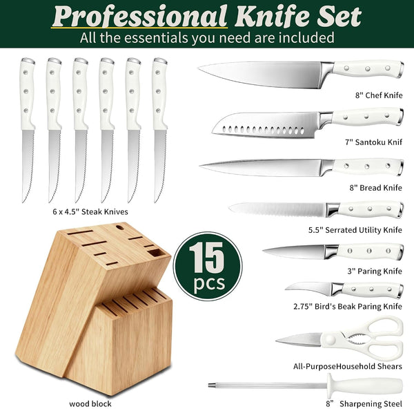 Knife Set, 15 Piece Premium Chef High Carbon Stainless Steel Kitchen Knife Block Set, Razor-Sharp, Ergonomic Forged Triple Rivet Handle, Professional Knife Set for Kitchen, Dishwasher Safe(White)4