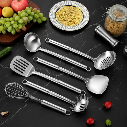 6-Piece Kitchen Cooking Utensils Set, Stainless Steel Kitchen Utensils with Suspendable Handle, Spatula, Slotted Turner, Soup Ladle, Slotted Spoon, Whisk, Pasta Server, Dishwasher Safe4