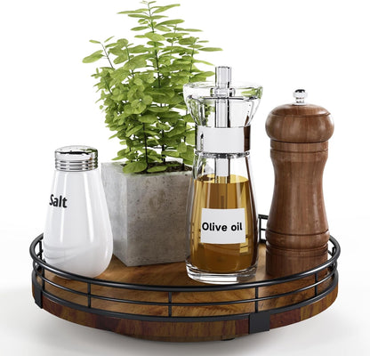 9-Inch Farmhouse Oak Lazy Susan Cabinet Organizer, Walnut Finish | Smooth Rotating Oak Tray with Walnut Finish for Dining Tables, Kitchen Counters, Pantries and Cabinet Storage.1