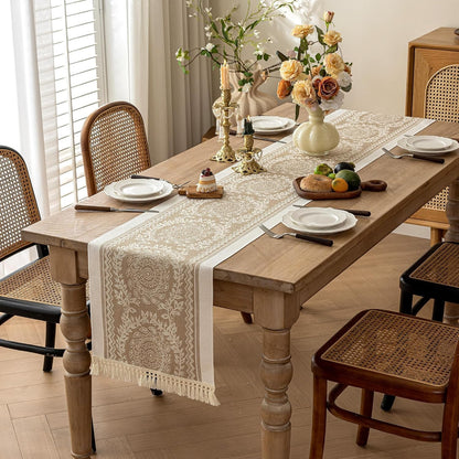 Coffee Mandala Linen Table Runner with Tassels, 14X83 Inch2