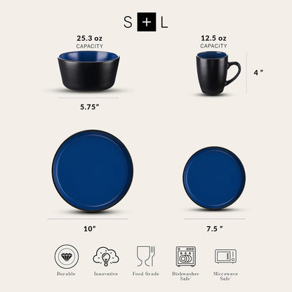 Stone Lain Albie Stoneware 16-Piece Modern Dinnerware Set, Kitchen Plates and Bowls Sets, Service for 4, Blue and Black, Microwave & Dishwasher Safe2