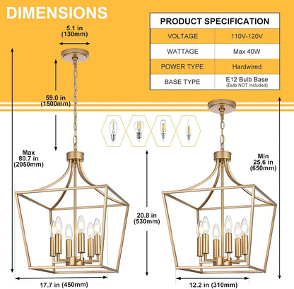 6-Light Gold Large Cage Chandelier, Modern Pendant Light Fixtures Kitchen Island Lighting for Foyer Hallway Entryway, E12 Bulb Base5