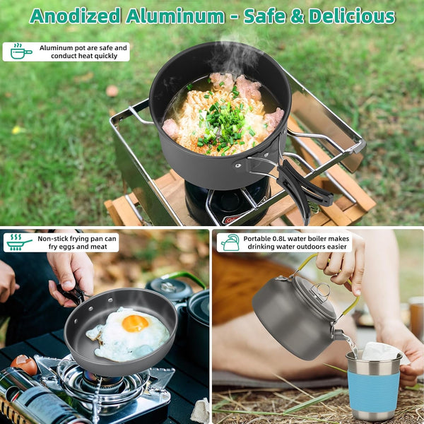 18Pcs Camping Cookware Kit, Nonstick Pots Pans and Kettle Set | Nonstick Camping Cookware Set with Kettle, Cups, Plates, and Utensils for Backpacking, Hiking, and Camping2