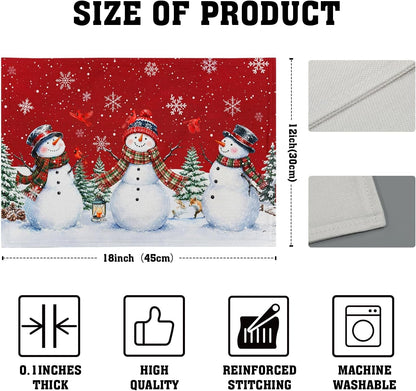 Christmas Snowman Placemats Set of 4, 12X18In Xmas Green Trees Red Birds Linen Place Mat, Winter Snowflakes Heat Resistant Washable Table Mats for Kitchen Dining Seasonal New Year Decor4