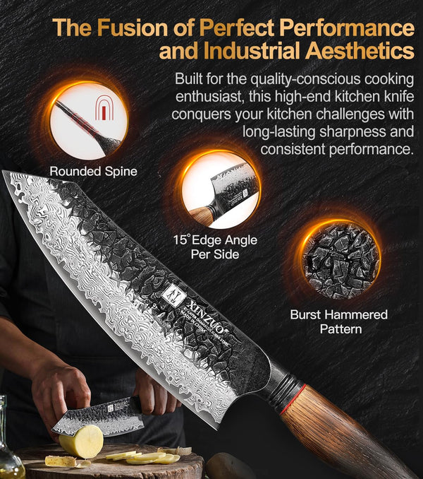 7.6 Inch Sharp Damascus Santoku Knife,Professional 67 Layers Damascus Steel Kitchen Meat Knife for Home and Kitchen,10Cr15Comov Steel Core,With White Oak + Red G10 Gasket Handle6