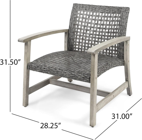 Hampton Outdoor 3 Piece Acacia Wood and Wicker Conversation Set with Club Chairs and Side Table, 28.25 "W X 31 "D X 31.5 "H, Mixed Black + Weathered Gray5