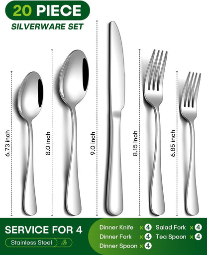 20 Piece Silverware Set, Stainless Steel Flatware Set for 4 Food Grade Novelty Flatware Cutlery Utensil Set Include Knife Fork Spoon Mirror Polished Dishwasher Safe2