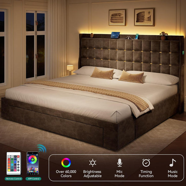 King Size Bed Frame with 3 Storage Drawers and RGB LED Lights4