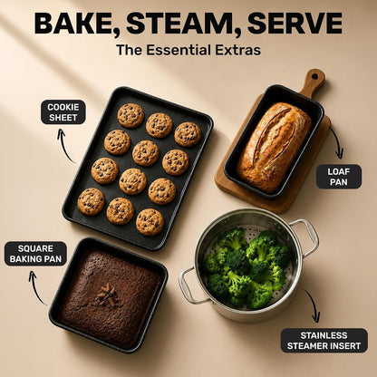 20 Pc Complete Pots and Pans Set Non Stick Cookware Set with Saute Pan, Bakeware, Steamer, Cooking Utensils, Made without PFOA PFOS, Oven and Dishwasher Safe8