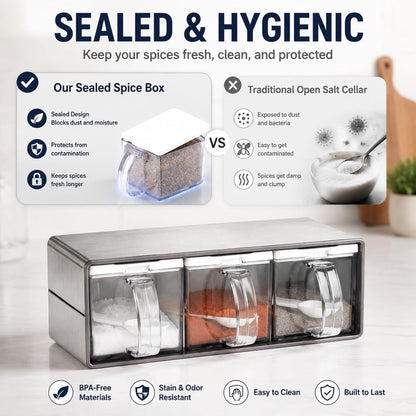 3 Grids Seasoning Organizer Box, Stainless Steel Salt Container with Lid and Spoon, Seasoning Containers with Stainless Steel Rack for Home, Kitchen, Cafe, Storing Salt, Sugar, Pepper, Spice6