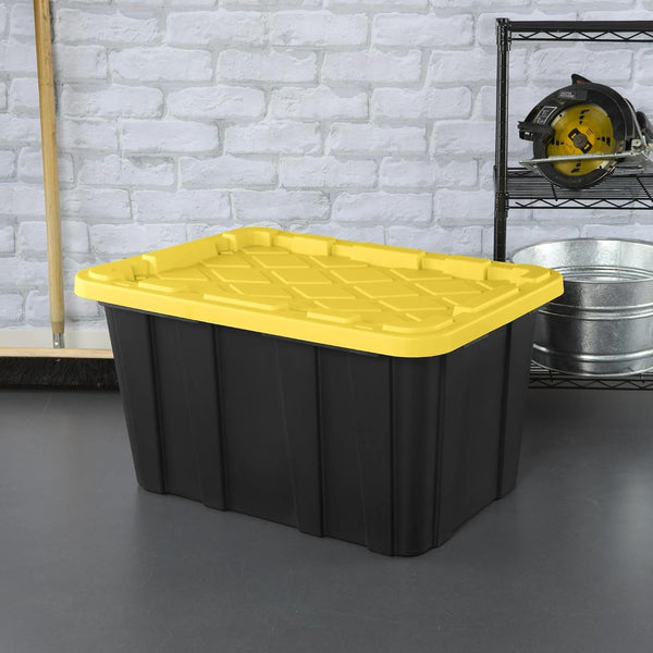 6-Pack 27-Gallon Industrial Totes - Rugged Black & Yellow Plastic Storage Bins with Secure Snap-On Lids, Stackable Design for Garage, Warehouse or Workshop Organization4