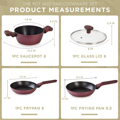 4 Piece Nonstick Cookware Set, Small Pots and Pans Set Non Stick with Glass Lid, Induction Cookware, Stay Cool Handle, PTFE/PFOA, Kitchen Cookware 4-Piece with Frying Pans Set & Saucepan4