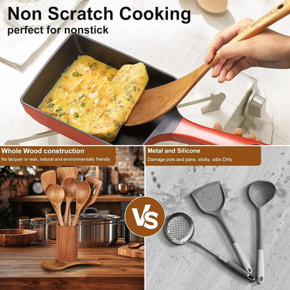 Wooden Spoons for Cooking - 8-Piece Wooden Kitchen Utensil Set Made of Natural Solid Wood Material-Includes Spoons,Spatulas,Ladles,Mixing Spoon and Utensil Holder,Valentine'S Day Gifts5