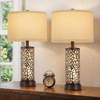 25" Farmhouse Table Lamps Set of 2 with USB A+C Ports and Night Light2
