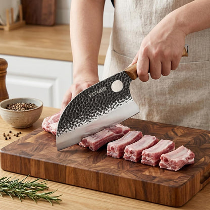 3PCS Butcher Knife Set, Hand Forged 7" Butcher Meat Cleaver, 7" Serbian Chef and 6.5" Viking Knife, Great for Indoor & Outdoor (Stylish Pattern Design)3