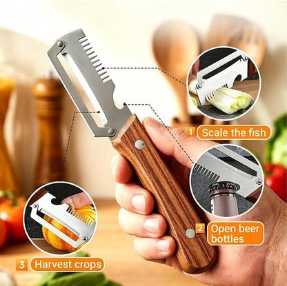 3 Pack Multifunctional Vegetable Peeler with Scallion Shredder and Bottle Opener, Wooden Handle Peelers for Kitchen, Handheld Peeler for Home Cooks5