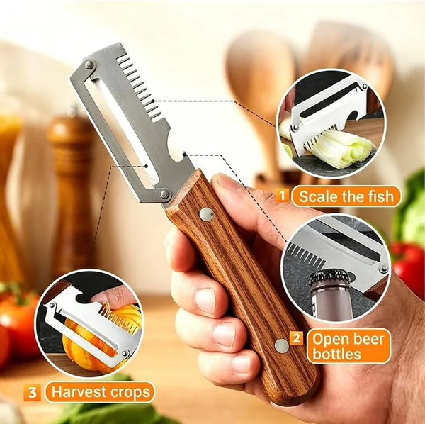 3 Pack Multifunctional Vegetable Peeler with Scallion Shredder and Bottle Opener, Wooden Handle Peelers for Kitchen, Handheld Peeler for Home Cooks5