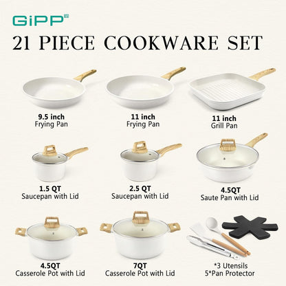 21Psc Pots and Pans Set Non Stick White Granite Kitchen Cookware Sets Nonstick Induction Cookware Non-Toxic Cooking Pan Set with Silicone Utensils, PFOS and PFOA Free2