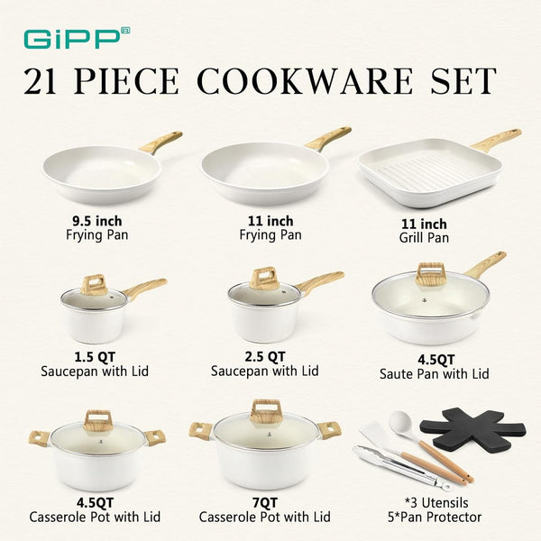 21Psc Pots and Pans Set Non Stick White Granite Kitchen Cookware Sets Nonstick Induction Cookware Non-Toxic Cooking Pan Set with Silicone Utensils, PFOS and PFOA Free2
