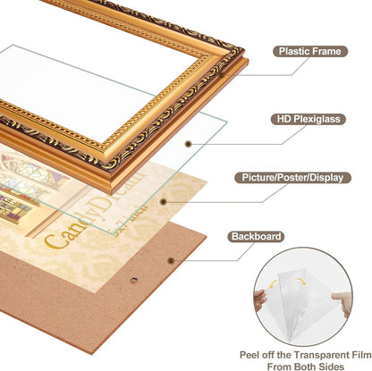 5×7 Picture Frame Set of 2 - Gold Picture Frames for Wall and Tabletop Display,Poster Photo Frames, Gallery Wall Frames, Ornate Vintage 5×7 Plastic Frame with HD Plexiglass5