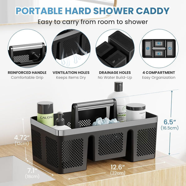 Plastic Shower Caddy Dorm: Portable Cleaning & Shower Caddy with Handle, 4 Divided Compartments, All-Side Drainage, Rigid Plastic Basket Tote for College Dorm & Bathroom Use, Black/Silver8