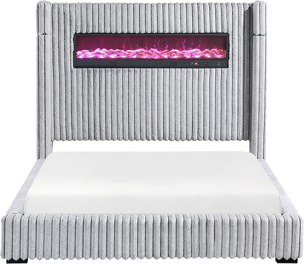 Corduroy Upholstered Bed Frame, Remote Fireplace, Built-In Speaker, Wingback Queen Bed Frame with Headboard, Wooden Slats, Box Spring Needed, Assembly Required, Two-Tone Gray9