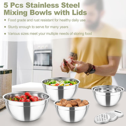 Mixing Bowls, Stainless Steel Salad Serving Bowl with Clear Lids6