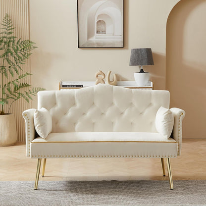 55-Inch Modern Velvet Loveseat Sofa with Gold Metal Legs & Side Pockets, Tufted Backrest, Perfect for Living Room, Bedroom, or Office (Modern Beige)1