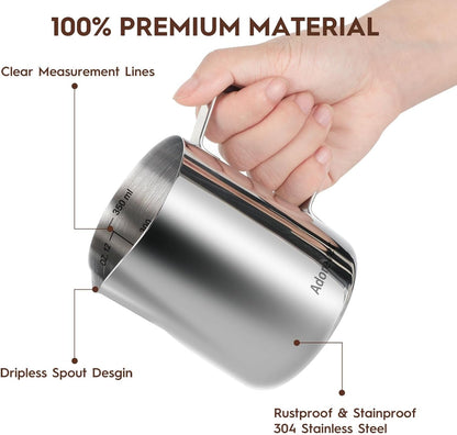 Milk Frothing Pitcher, 8.5Oz/12Oz/20Oz/32Oz/50Oz/66Oz Milk Frother Cup Stainless Steel, Espresso Accessories, Milk Steaming Pitchers Coffee Cappuccino Latte Art Barista Milk Jug Cup with Art Pen,12Oz3