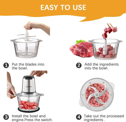 Electric Food Chopper, 350W Food Processor with 2 Bowls | Dual 8-Cup Stainless Steel Meat Grinder, 2-Speed Vegetable Chopper with 4 Sharp Blades for Nuts, Puree Recipes, Zero BPA5