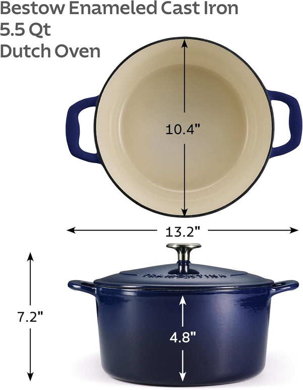 Bestow Enameled Cast Iron 5.5-Qt round Dutch Oven Pot with Lid | Great for Braising, Roasting and Bread Baking - Blue3