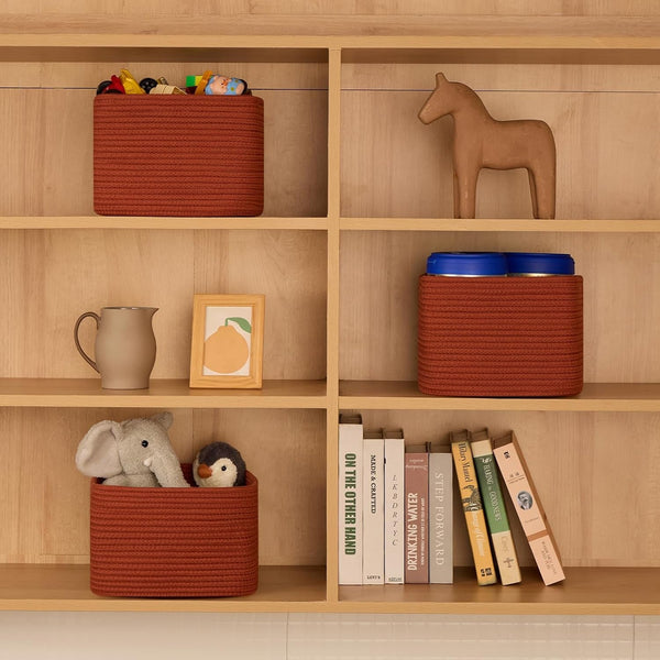 Small Organizing Baskets for Cubes Shelf, 9.7X9.7X7.1 Inch Rope Woven Storage Bins for Nursery Shelves Storage, Cute Toy Basket, Square 3 Packs Oxide Red4