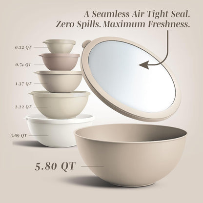 Mixing Bowls with TPR Lids - 12 Piece Plastic Nesting Bowls Set Includes 6 Prep Bowls and 6 Lids, Microwave Safe (Brown)2