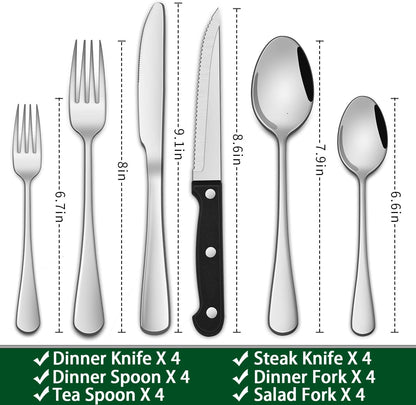 24-Piece Silverware Set with Steak Knives,Flatware Set Service for 4 Person, Food-Grade Stainless Steel Cutlery Set,Includes Knife Spoon and Fork, Mirror Finished Utensil Sets for Home Restaurant2