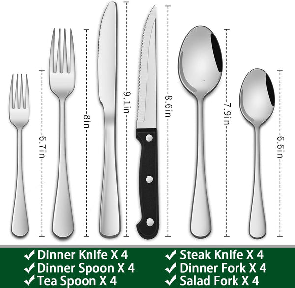 24-Piece Silverware Set with Steak Knives,Flatware Set Service for 4 Person, Food-Grade Stainless Steel Cutlery Set,Includes Knife Spoon and Fork, Mirror Finished Utensil Sets for Home Restaurant2