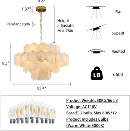 Natural Alabaster round Chandelier, 31.5" Modern Marble Chandelier with 50 Stone Texture Panels, 12-Light Dimmable Spanish Alabaster Chandeliers for Living Room, Dining Room, Hallway5